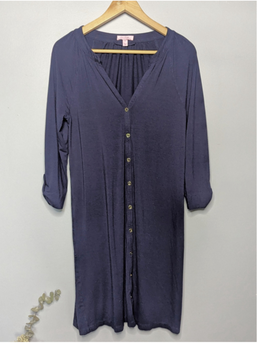 Lilly Pulitzer Navy Blue Bailor Shirt Dress Jersey Knit Silver Buttons Size M